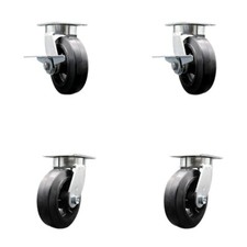 6 Inch Kingpinless Rubber on Steel Wheel Caster Set 4 Swivel Locks 2 Brakes SCC