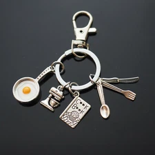 Fried Egg Skillet Silverware Mixer Cook Book Charms Miniature Food Keychain Clip