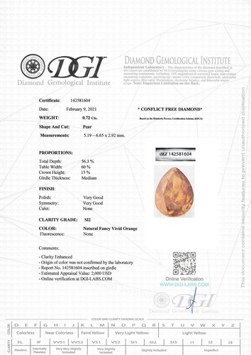 Pear Shape Diamond Fancy Orange Color Loose Natural Enhanced 0.72 Carat SI2 - Picture 3 of 10