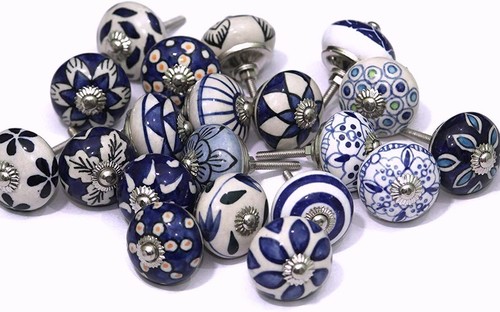 Blue 10 Pc white vintage ceramic pull cupboard door Sussex india knobs drawer - Picture 5 of 5
