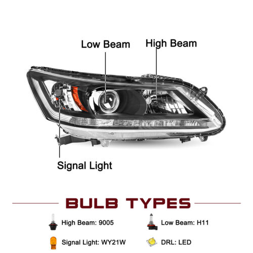 For 2013-2015 Honda Accord Sedan w/ LED DRL Projector Halogen Headlights Pair - Picture 2 of 6