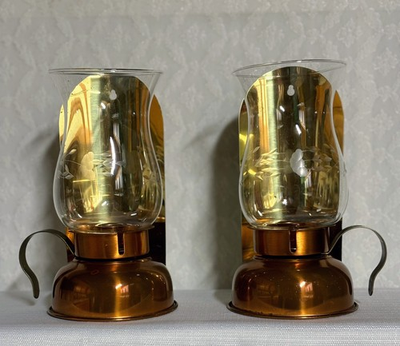 #ad Vintage Coppercraft Guild Copper amp; Brass Hurricane Lamps 2 MCM Shades Crystal ✨ $52.20