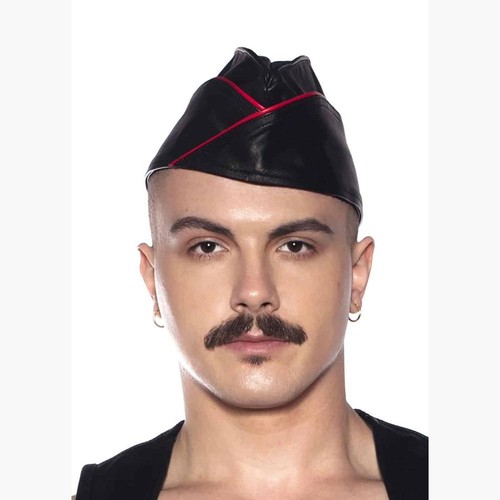 Genuine Leather Triangle Cap | Black Grey Red Stripe | Military Fetish BLUF - Picture 3 of 9