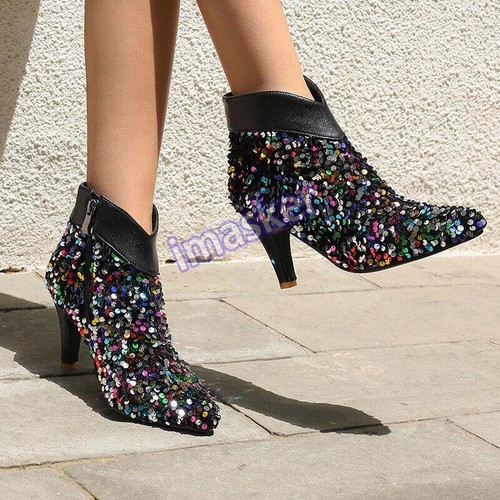 Women's Pointed Toe High Heels Sequins Zip Ankle Boots Party Casual Dress Shoes - Picture 10 of 18