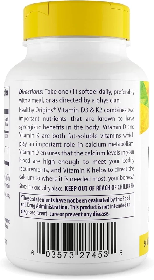 Healthy Origins Vitamina D3 K2 180 unidades suporte ósseo sem glúten não transgênico - Imagem 3 de 4