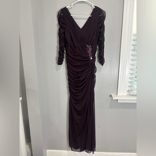 Adrianna Papell aubergine verziertes 3/4 Ärmel gerafftes Abendkleid Größe 8 - Bild 13 von 14