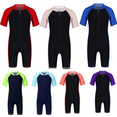 Kids Boys Girls One Piece Swimsuits Short Sleeved Zipper Rash Guard Bathing Suit - Picture 3 of 153
