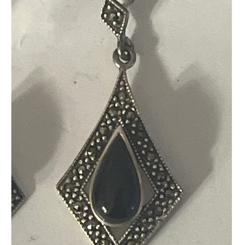 Vintage Sterling Silber 925 schwarze Träne Onyx und Markasit Ohrhänger - Bild 2 von 7