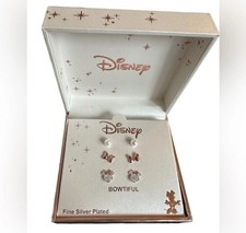 Stud Earring Set Disney Minnie 3 Pair Silver Plated Rose Gold Bows Pearls NIB