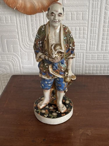 Fabulous Antique Japanese Satsuma Meiji Period Figure Of A Man Carrying A Rabbit