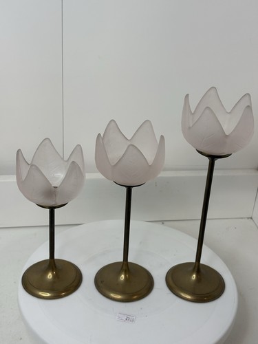 Portacandele tulipano vintage con stelo in ottone smerigliato e vetro x 3 - Foto 2 di 8