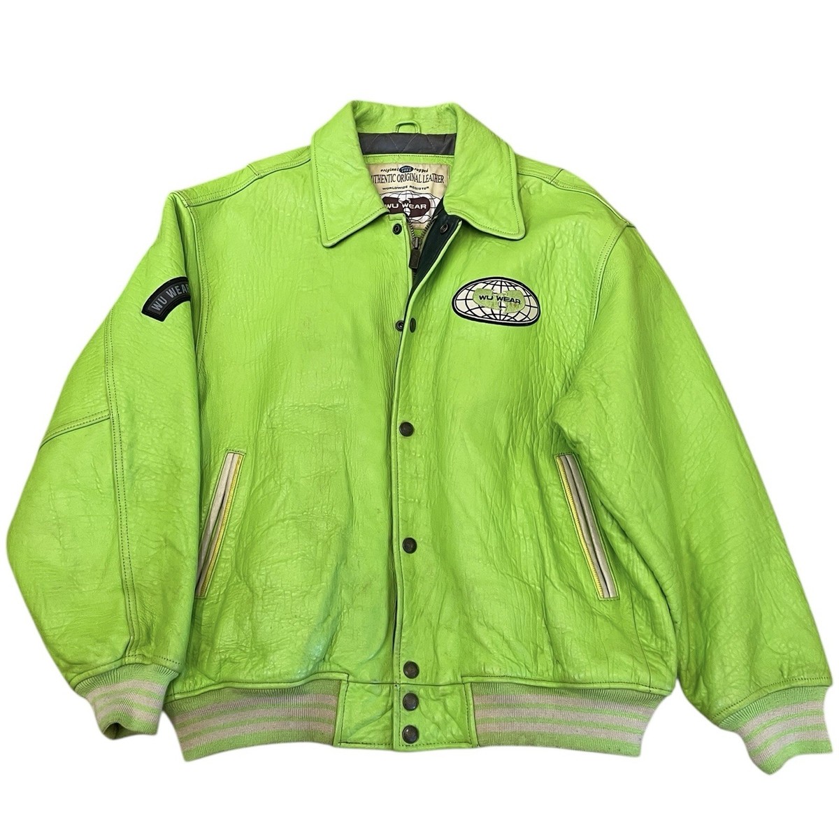 Vintage Wu Wear Lime Green Leather Jacket Hip Hop Wu Tang Sz