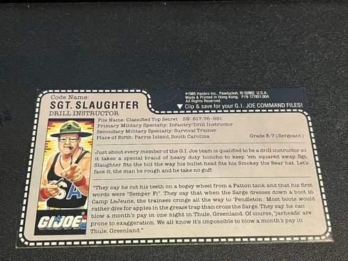gi joe lot File Card 1986 Sgt Slaughter USA Red Back Mail Away Great Condition