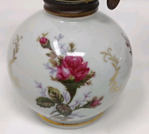 VTG 2 Milk Glass Oil Lamp Pink Rose Floral Matching Globe Small Mini Miniature - Picture 9 of 15