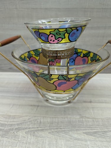 4-teiliges Set Buntglas "FRUIT" Chip Dip Schalen mit Messing Holzträger - Bild 10 von 16