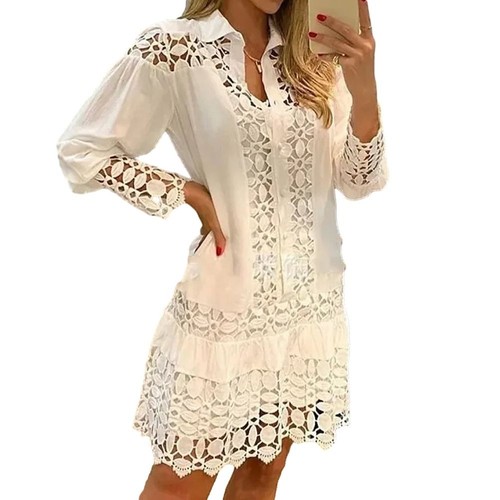 Women Green Spring Summer Lace Splicing Long Sleeve Cutout Shirt Elegant Dress - Picture 8 of 18
