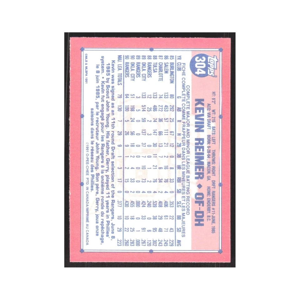 1991 O-Pee-Chee Kevin Reimer Rangers #304 - Image 2 of 3