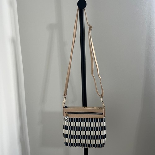 Spartina 449 Daise Hipster Crossbody Bag Natural Linen & Leather Navy Blue Cream - Picture 4 of 12