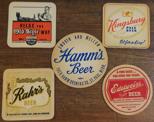 Lot Of 5 Vintage Beer Coasters Hamm's Old Style Rahr's Kingsbury Edelweiss