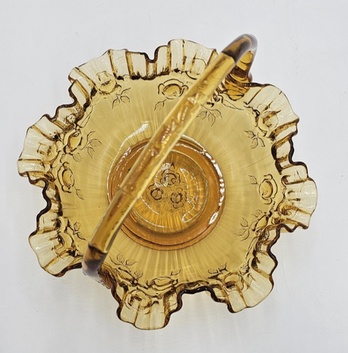 Vintage Amber Pressed Glass Basket Ruffled Edges Roses Applied Handle - Picture 12 of 14