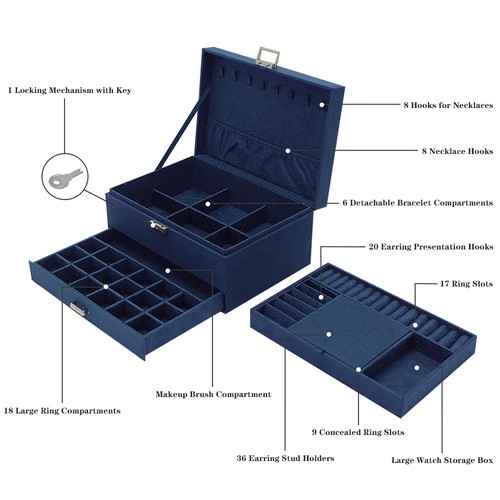 Large Jewelry Organizer Box, 3-tier Display Case, Velvet Jewelry Box with Loc... - Picture 4 of 6