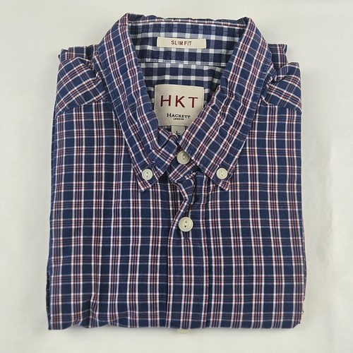 Hackett London Hemd Herren Large rot blau kariert langarm Baumwolle Slim Fit 193