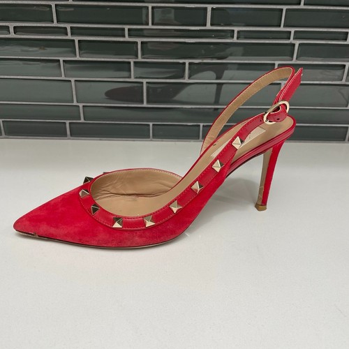 VALENTINO Garavani Red Suede Rockstud Point Toe Slingback D'Orsay Pumps - US 8.5 - Picture 3 of 12