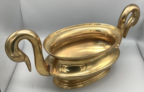 Vintage MCM Brass Exchange Solid Brass Handmade Double Swan Head Handles Bowl - Picture 4 of 12