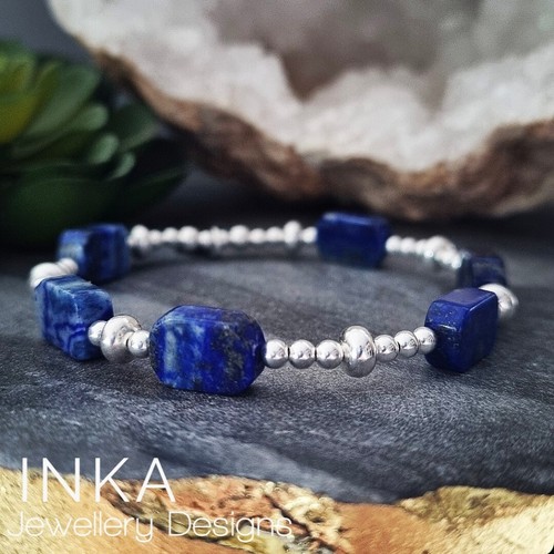 Bracciale impilatore perle blu grosse argento 925 LAPIS Lazuli e argento sterling di INKA - Foto 3 di 7