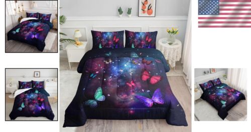 Queen Butterfly Galaxy Comforter Set - 3-Piece Black Bedding with Chic Design - Picture 2 of 8
