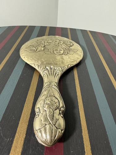 Vintage Repoussé Silver Vanity Mirror Hand Held Angels Cherubs Antique Rococo - Picture 16 of 24