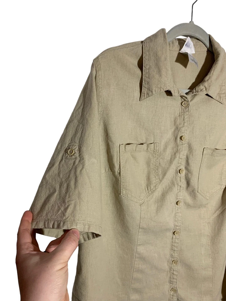 女式复古 90 年代 1X 码鞭打拿铁亚麻混纺纽扣衬衫 Lagenlook — 第 2/4 张图片