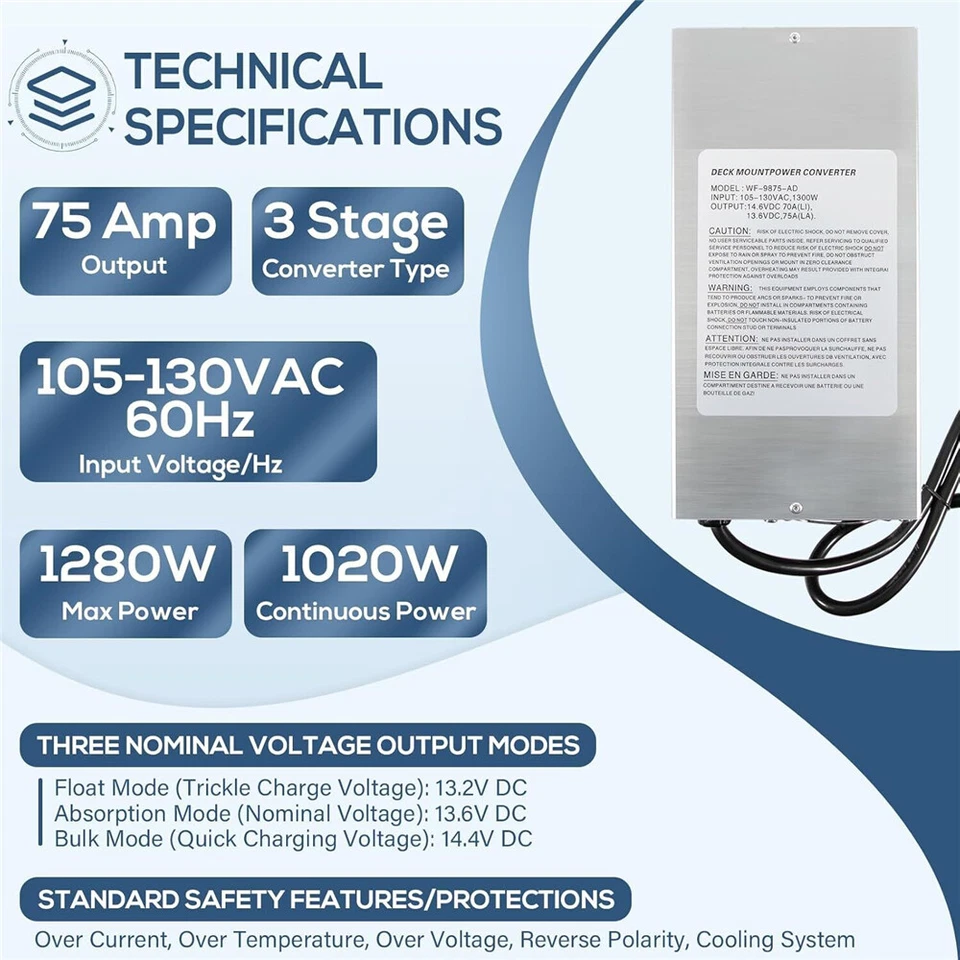 WF-9875 75 Amp Deck Mount RV Power Converter Charger for RV Trailer Camper - Image 4 of 4