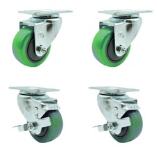 3.5 Inch Green Polyurethane Wheel Swivel Top Plate Caster Set with 2 Brakes SCC