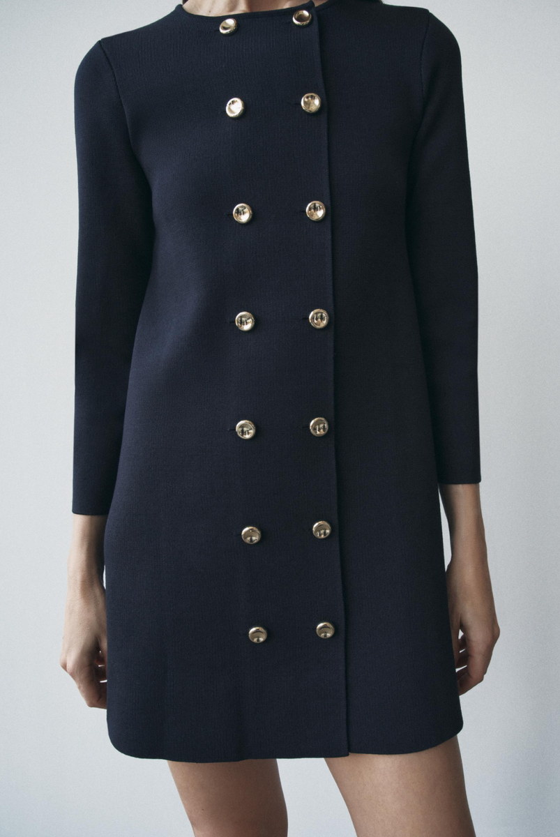 zara knit dress with gold buttons Navy Blue Heavy Mini Size S Smart Chic Stylish week512025