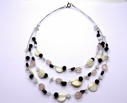 Collier Femme Acier avec Pierres Colorées Nacre Améthyste Et Quartz Rose - Picture 4 of 4