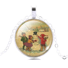 Cute Silver Tone Vintage Snowman Scene Round Glass Pendant Necklace