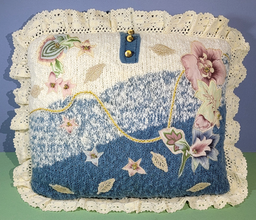 Redesigned Handmade & Machine Knit Sweater Pillow Blue Cream Pink Gold Appliques - Picture 1 of 10
