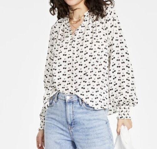 Cherry Print Women’s 2X On 34th Blouse Shirt Long Sleeve Black White Top NWT