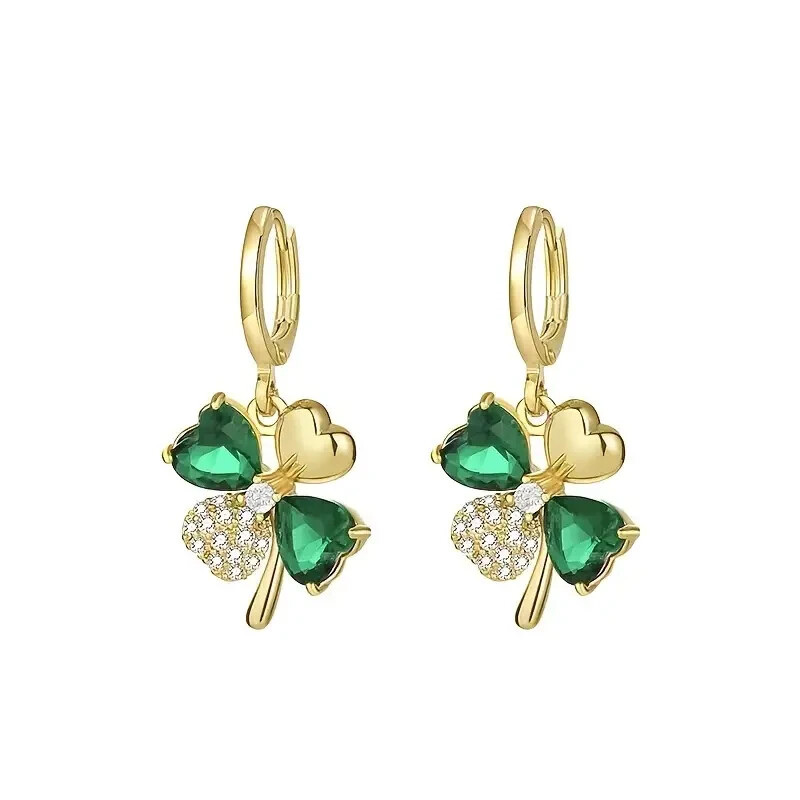 18K Gold Plated Green Four Leaf Clover Drop Earrings Fashion Lucky