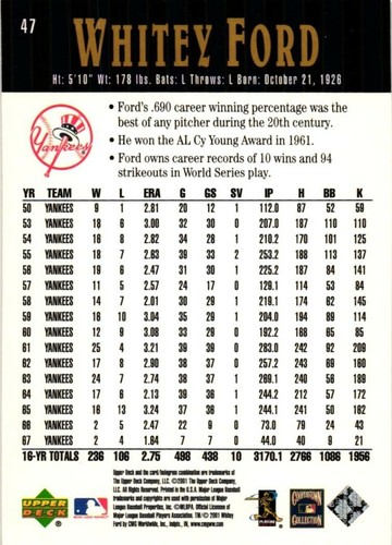 2001 Upper Deck Hall of Famers Whitey Ford #47 NY Yankees MINT Free Shipping - Picture 2 of 2