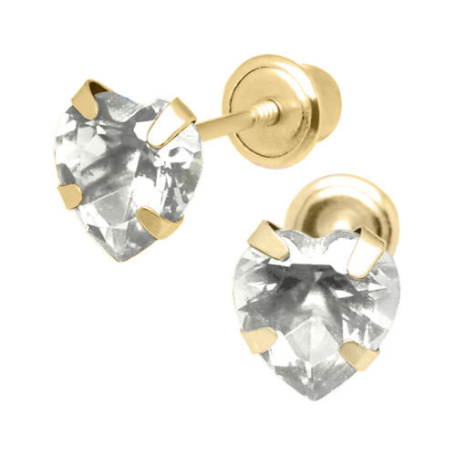 Precious Stars 14K Yellow Gold 4mm CZ Heart April Birthstone Screwback Earrings - Imagen 1 de 4