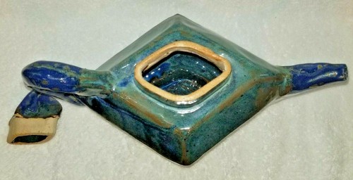 Studio Art Pottery Hand Made Pedestal Teapot Blue Brown Signed Antoinette Rustic - Picture 6 of 7