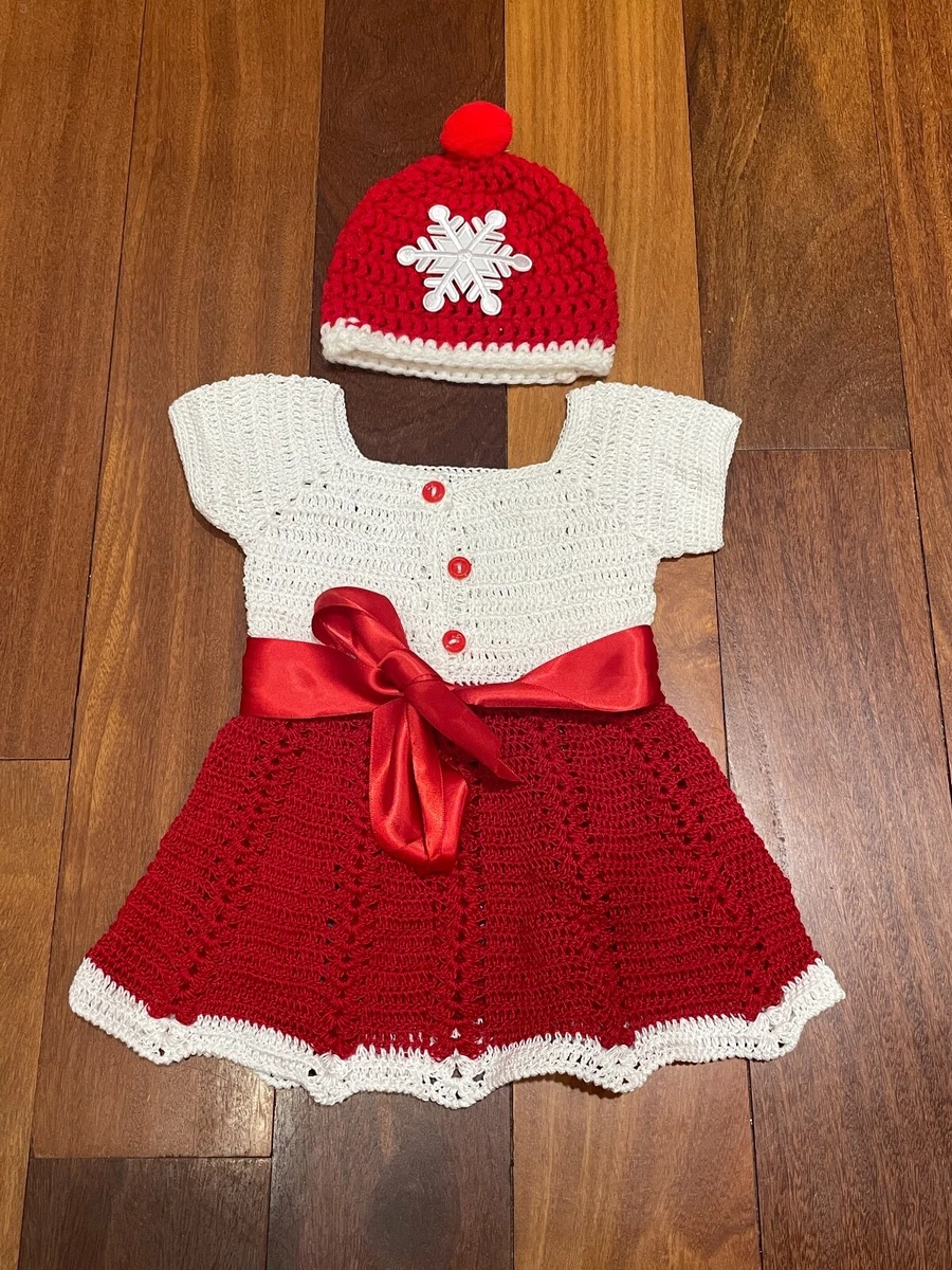 Baby Girl Size 0-3m 3m Knit Crochet Red White Christmas Dress