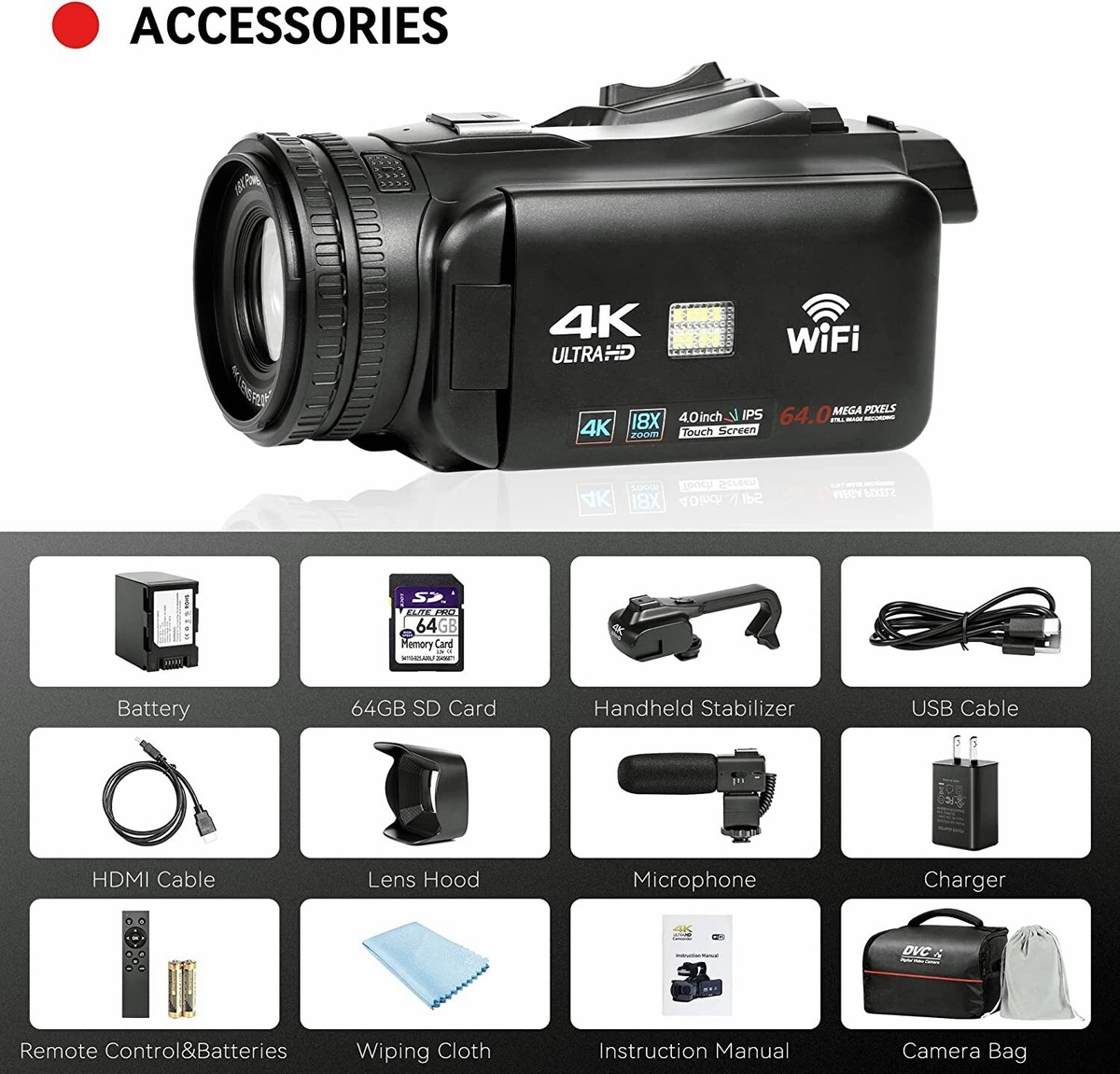 4 Draai Touch Screen Vlog Camcorder 4K UHD Video Camera For Livestreaming WIFI Webcam 64MP Auto Focus Digitale Camera HD camera (Color : 32G SD Card, Size : With Microphone