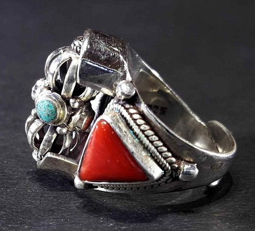 Anillo de silla de montar tibetano ajustable plata esterlina rojo coral nepal Dorje giratorio - Imagen 2 de 2