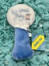 Eden plush "Very Special Baby" blue  white rattle toy 7.5" tall Vintage 1986