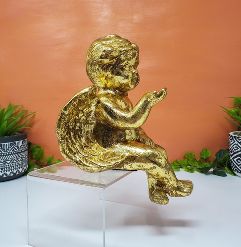 Gold Leaf Angel Cherub | Gold Paper Mache Baby Angel Mantel Statue Decor 7" Tall - Picture 5 of 10