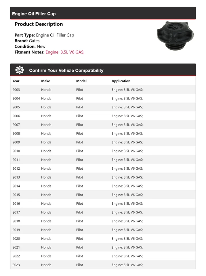 Puertas de tapa de llenado de aceite de motor V6 de 3,5 L para Honda Pilot 2003-2023 2004 2005 2006 Foto 2 de 4