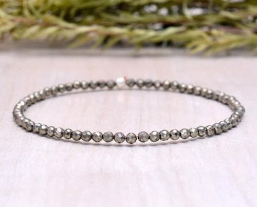 Silver Pyrite 2-3MM Faceted Round Gemstone Energy Healing Scratchable Bracelet - Picture 1 of 9